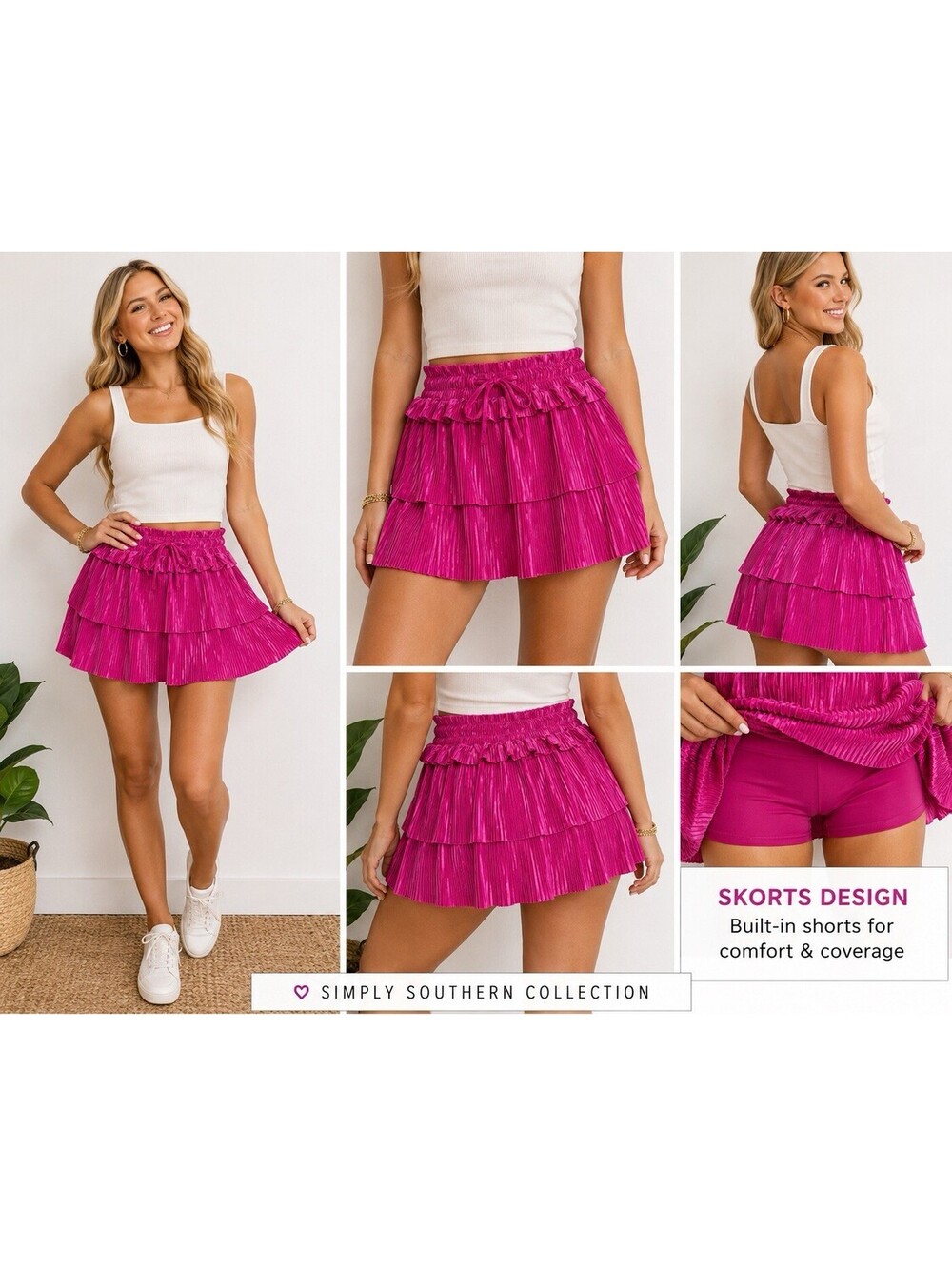 Simply Southern Pleated Ruffle Skort Womens M Fuchsia Pink Tiered NWT Shorts